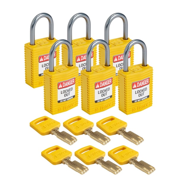 Padlock, Keyed Different, Nylon, Yellow, 6 PK